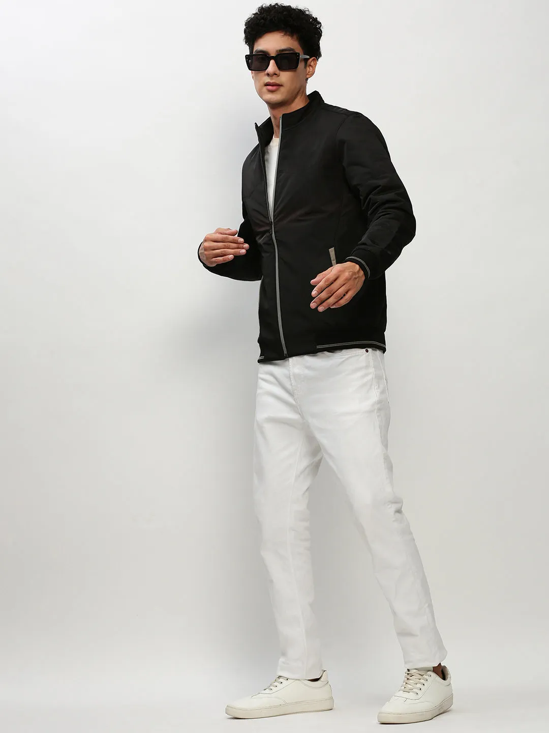 Men Black Mock Collar Bomber Jacket