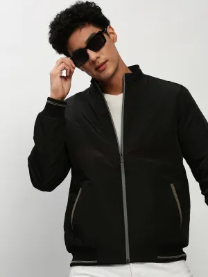 Men Black Mock Collar Bomber Jacket