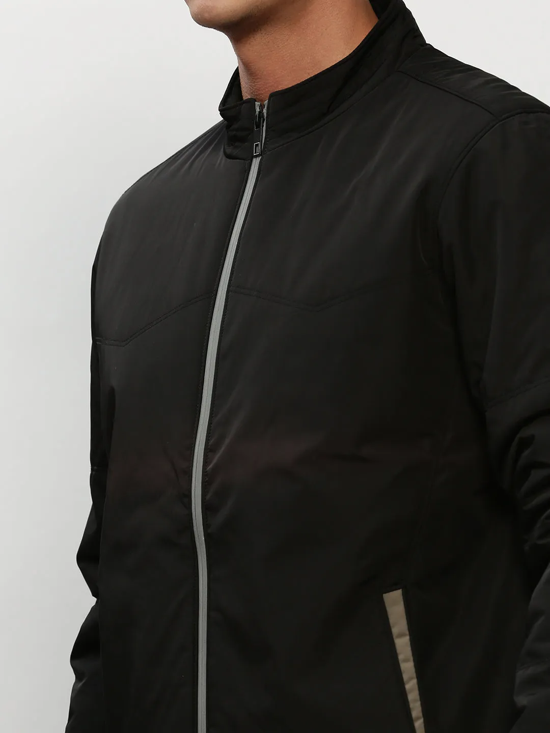 Men Black Mock Collar Bomber Jacket