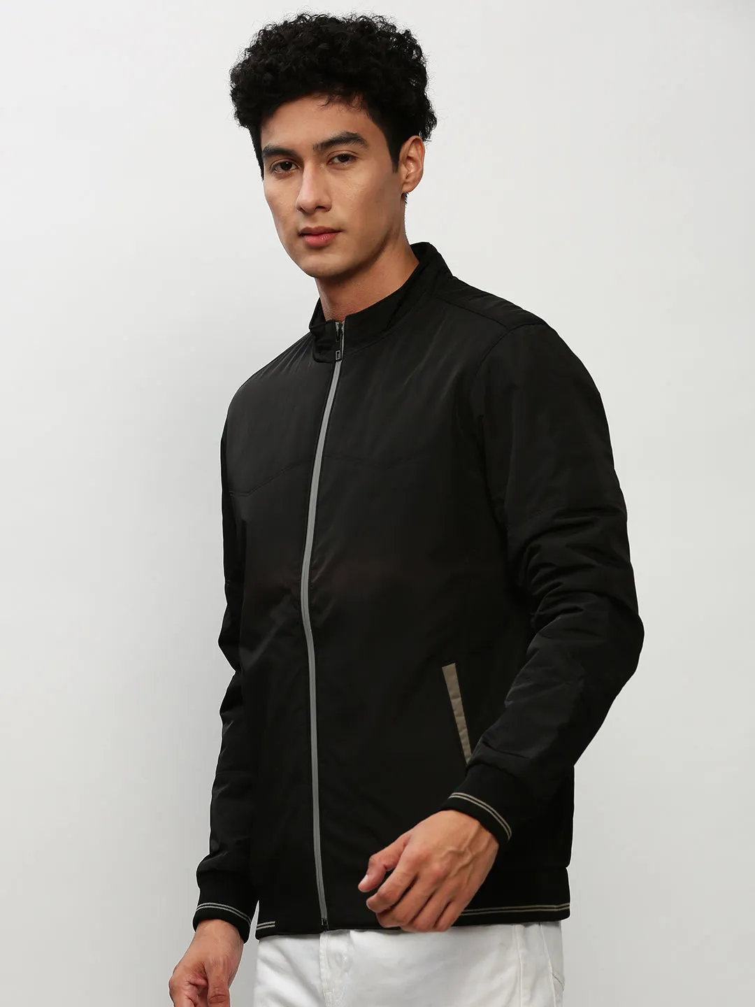 Men Black Mock Collar Bomber Jacket