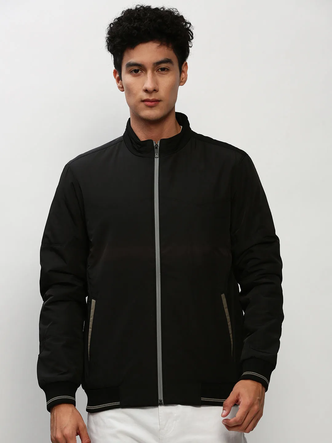 Men Black Mock Collar Bomber Jacket