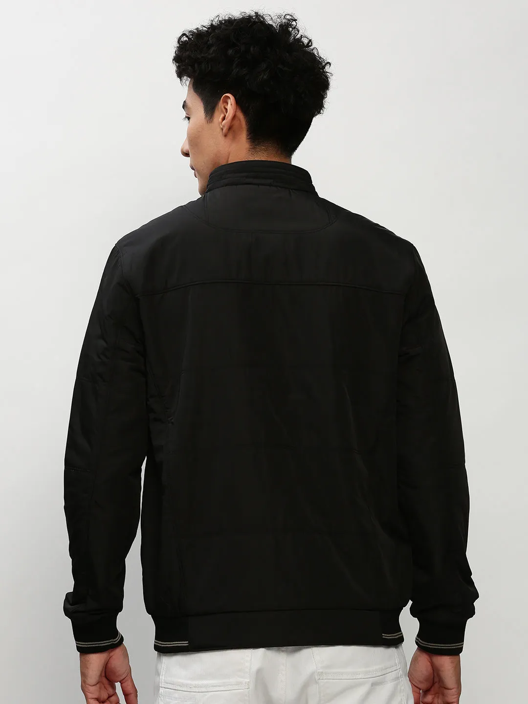 Men Black Mock Collar Bomber Jacket