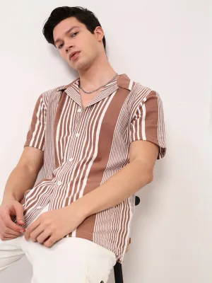 Men Brown Striped Cuban Collar Shirt