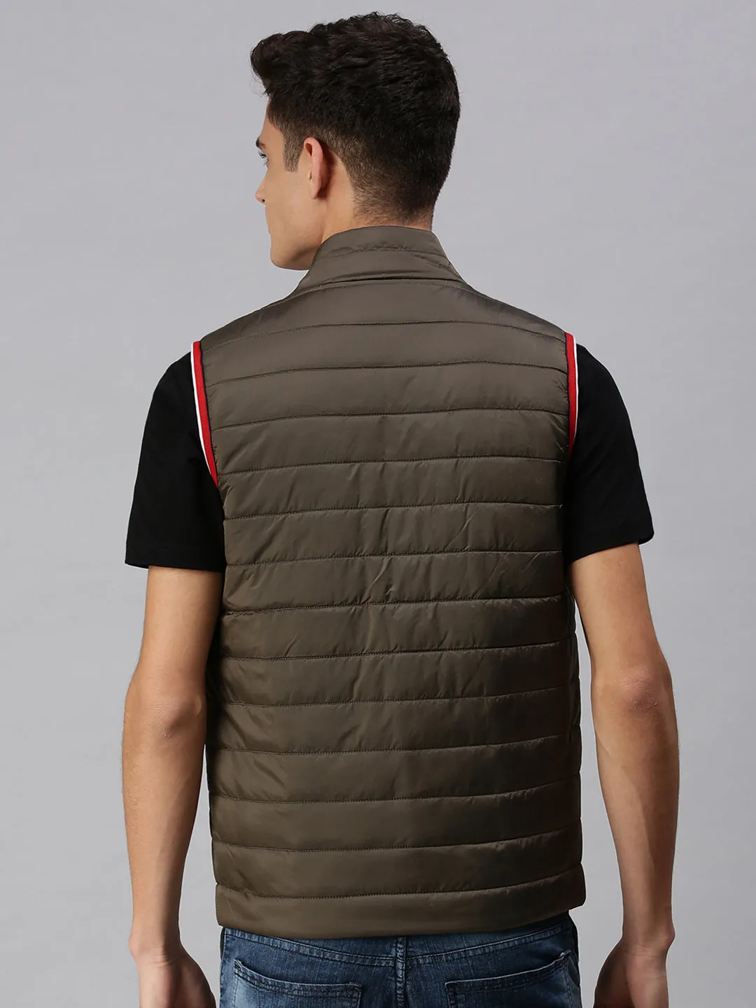 Men Hooded Solid Brown Padded Jacket