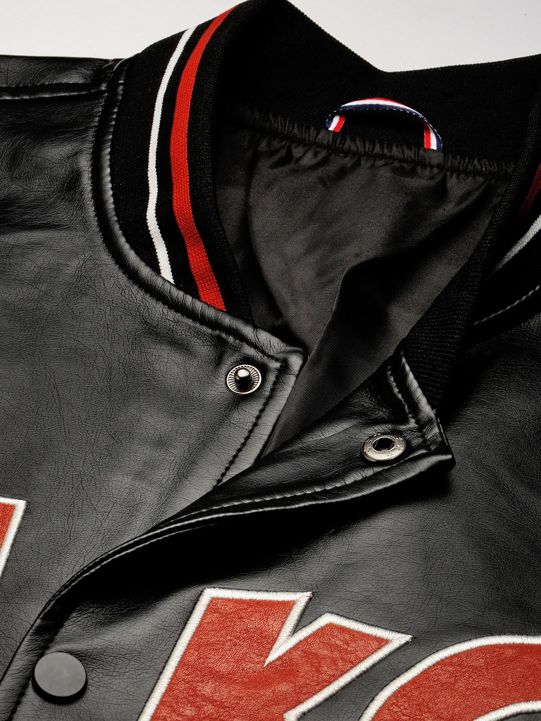 Men Mandarin Collar Black Solid Leather Oversized Jacket