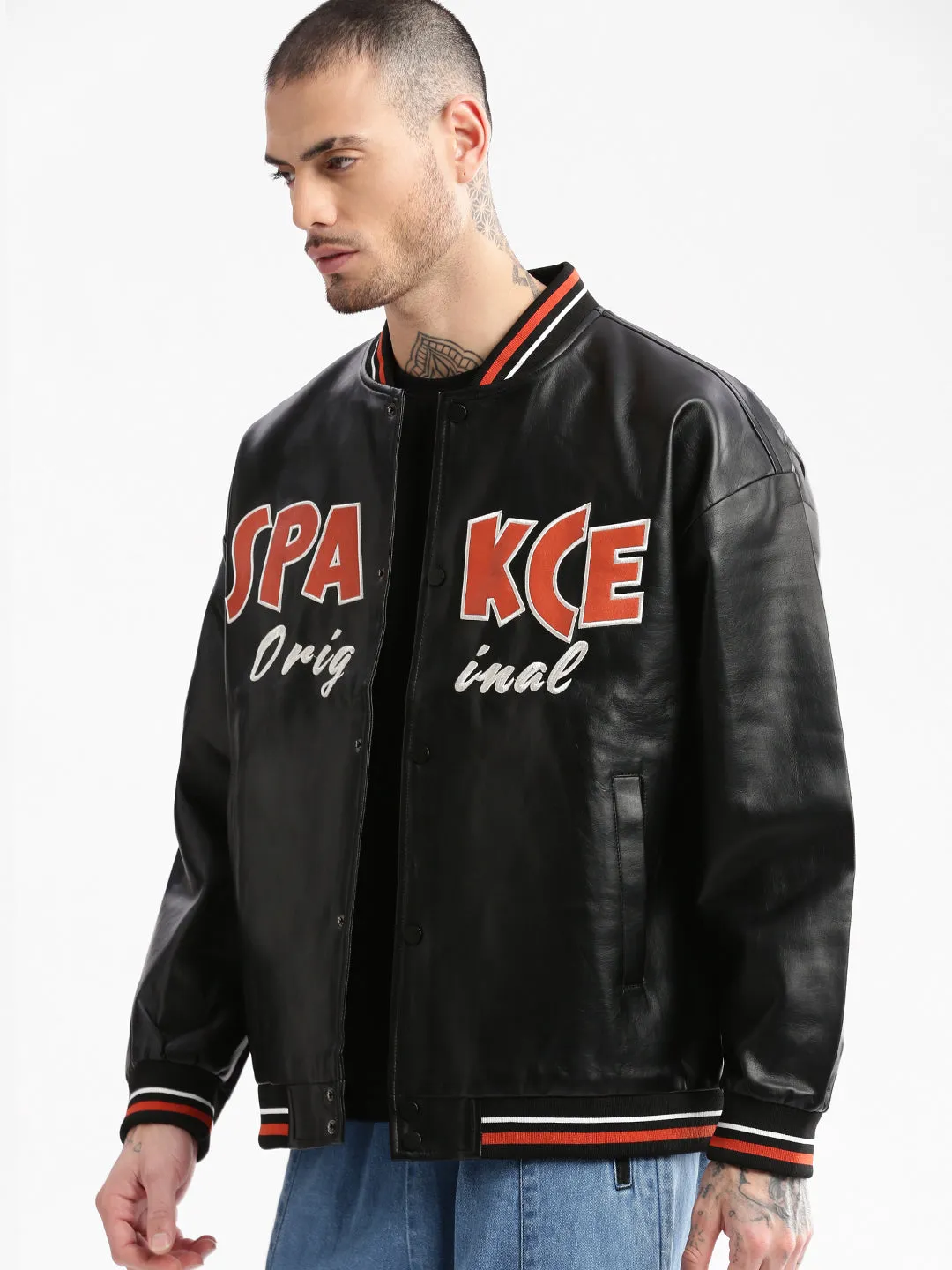 Men Mandarin Collar Black Solid Leather Oversized Jacket