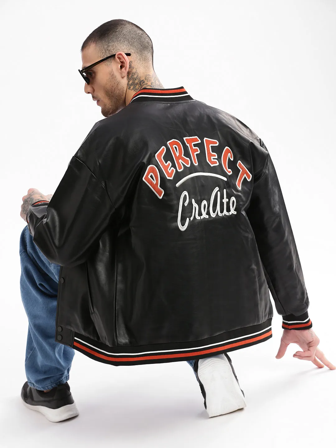 Men Mandarin Collar Black Solid Leather Oversized Jacket