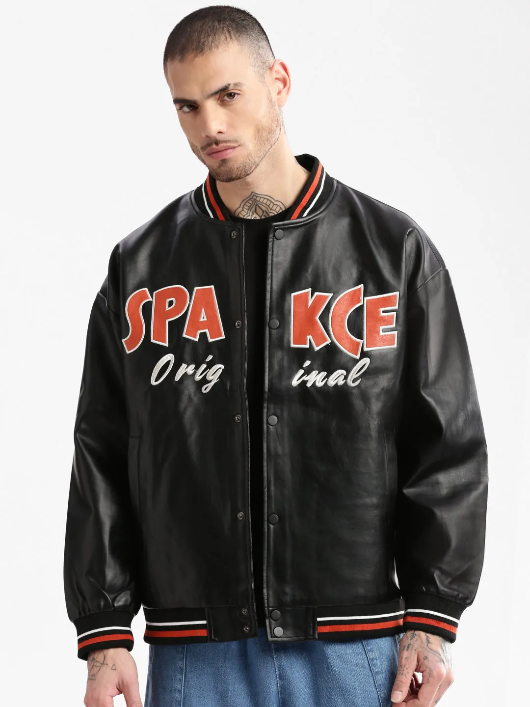 Men Mandarin Collar Black Solid Leather Oversized Jacket