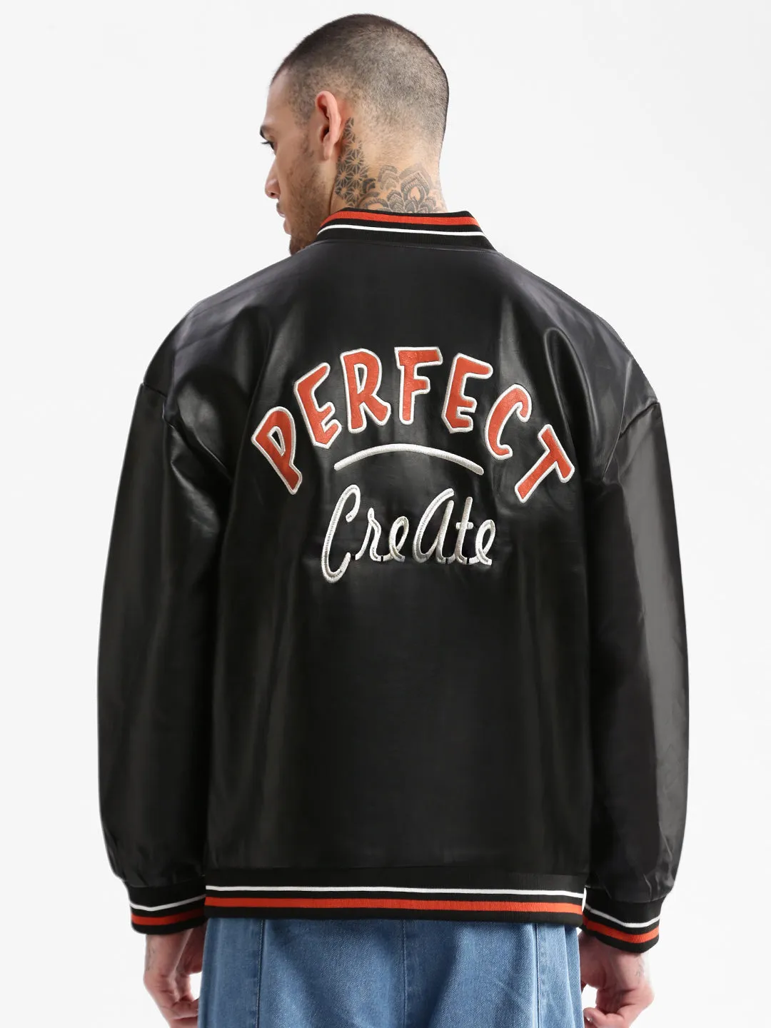 Men Mandarin Collar Black Solid Leather Oversized Jacket