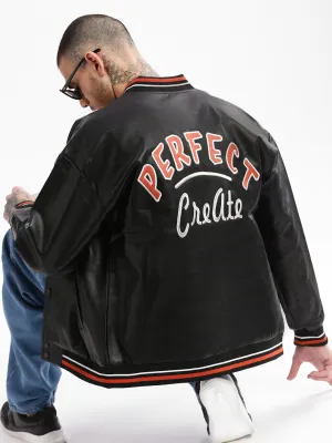 Men Mandarin Collar Black Solid Leather Oversized Jacket