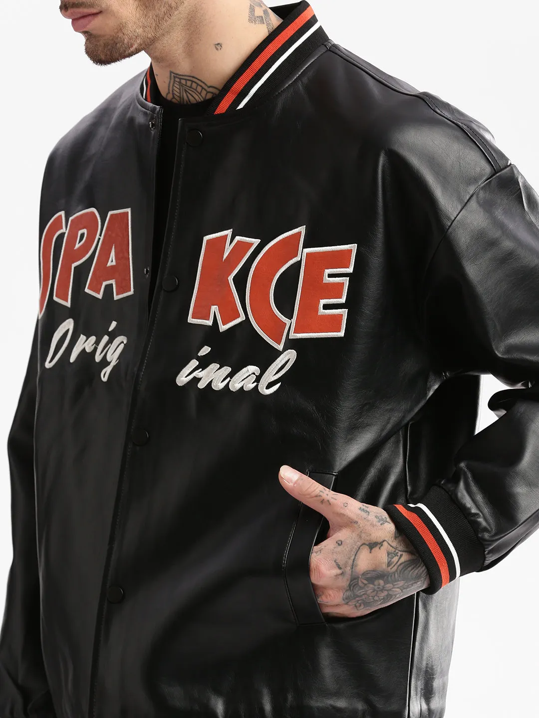Men Mandarin Collar Black Solid Leather Oversized Jacket