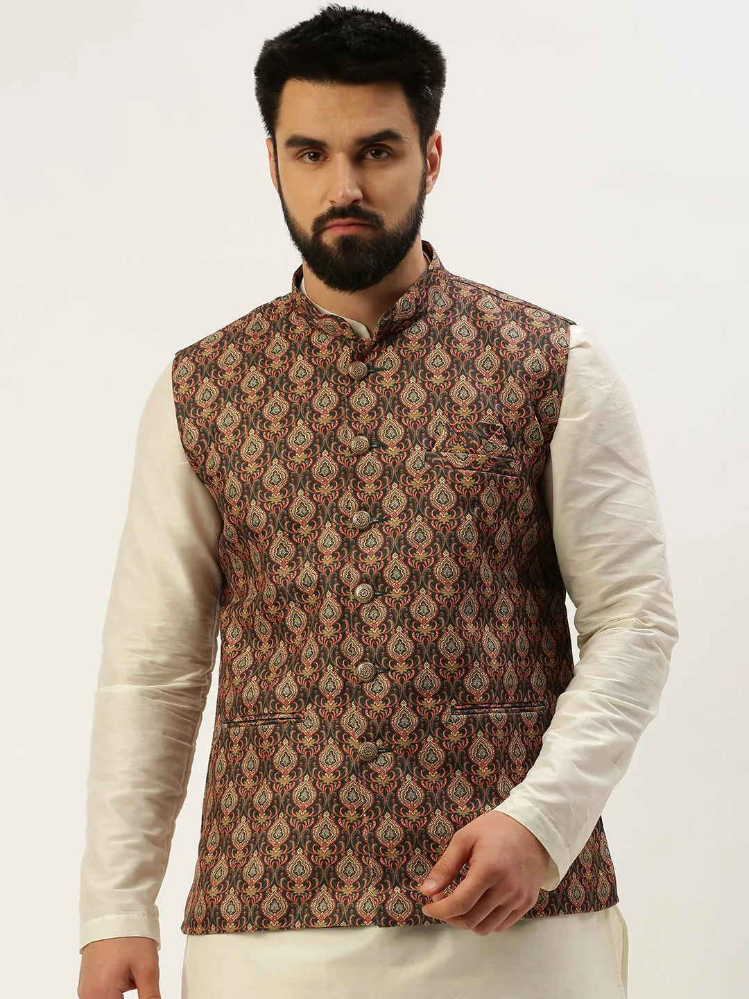 Men Mandarin Collar Printed Multi Nehru Jacket