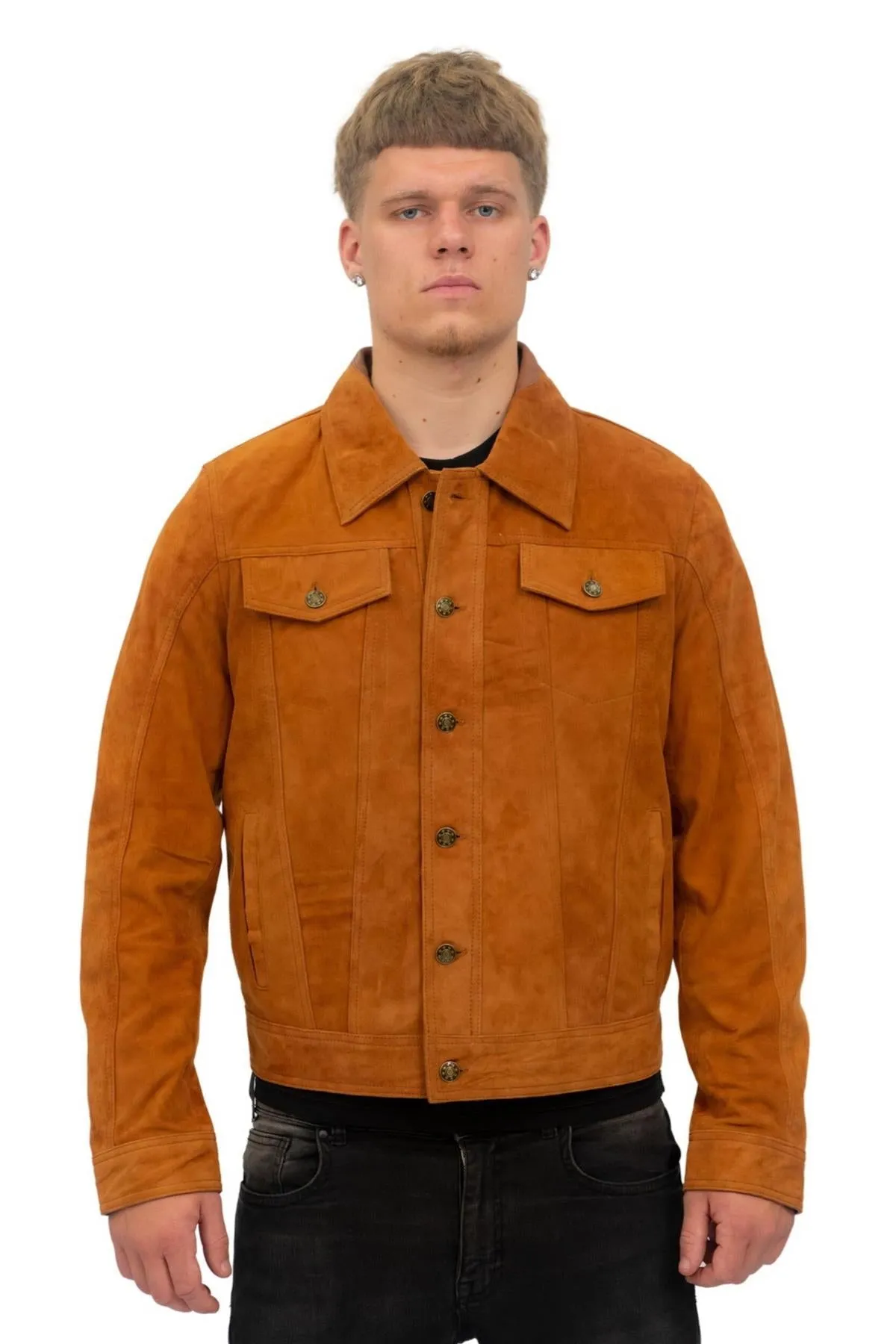 Mens Goat Suede Leather Trucker Jacket-Taraz