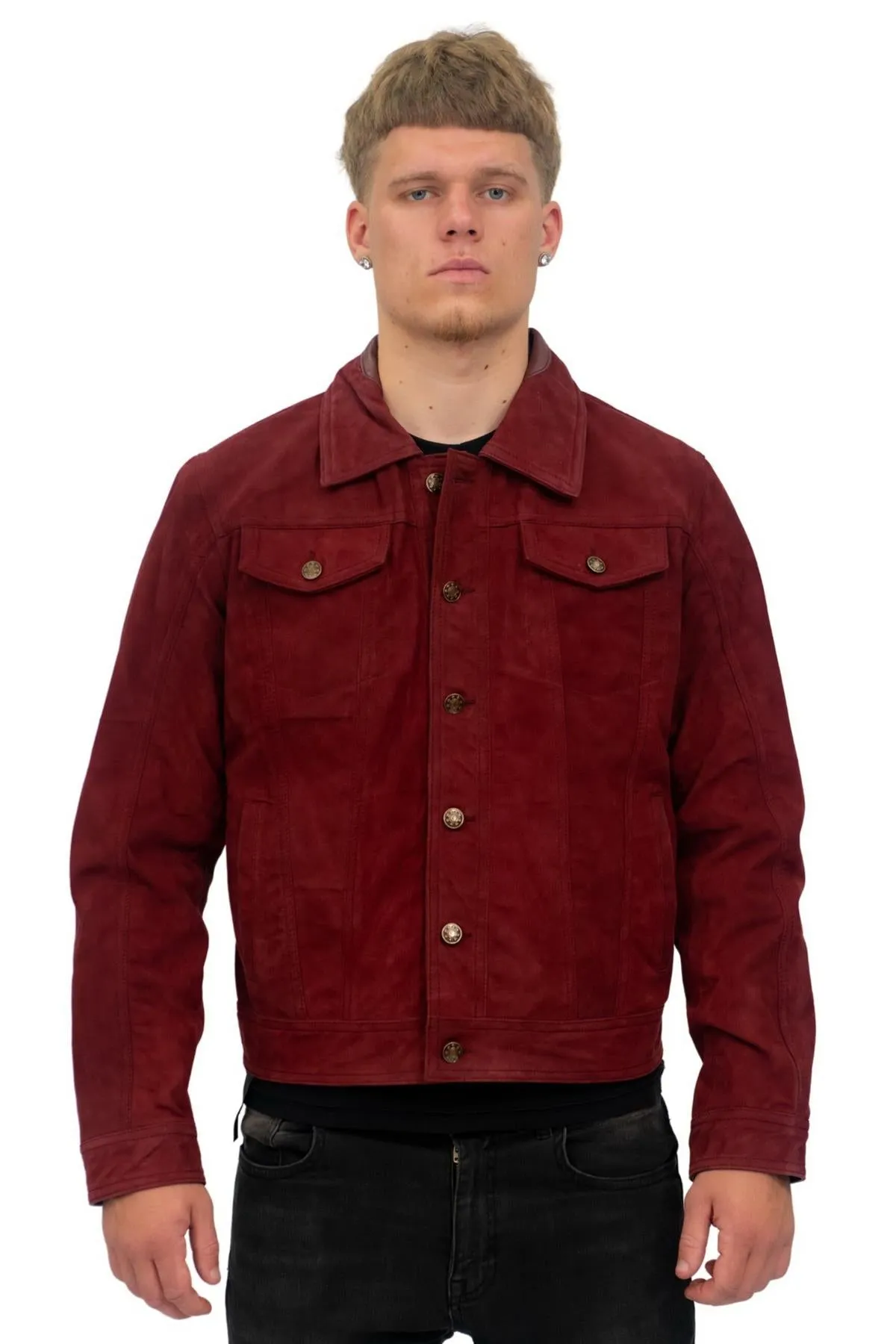 Mens Goat Suede Leather Trucker Jacket-Taraz