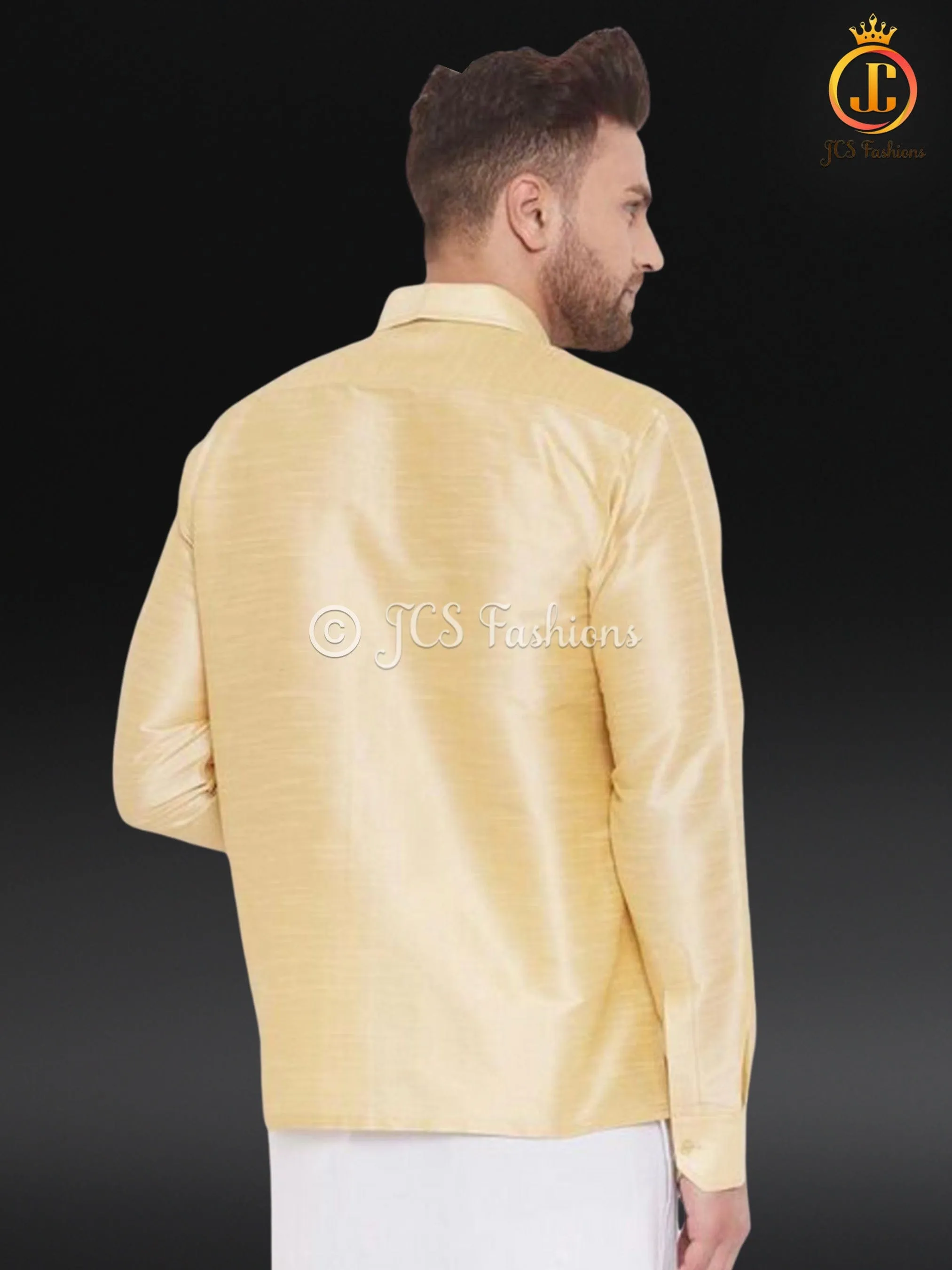 Men's Gold Silk Blend Ethnic Shirt. Veshti Shirt, Indian Traditional Shirt