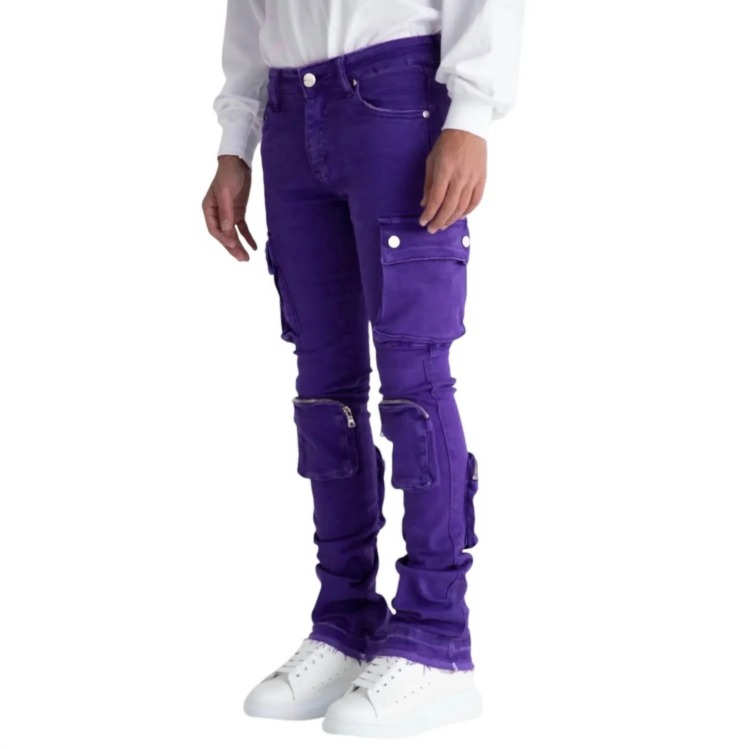Men's Never Look Back Cargo Flare Stack Denim Jean In Purple