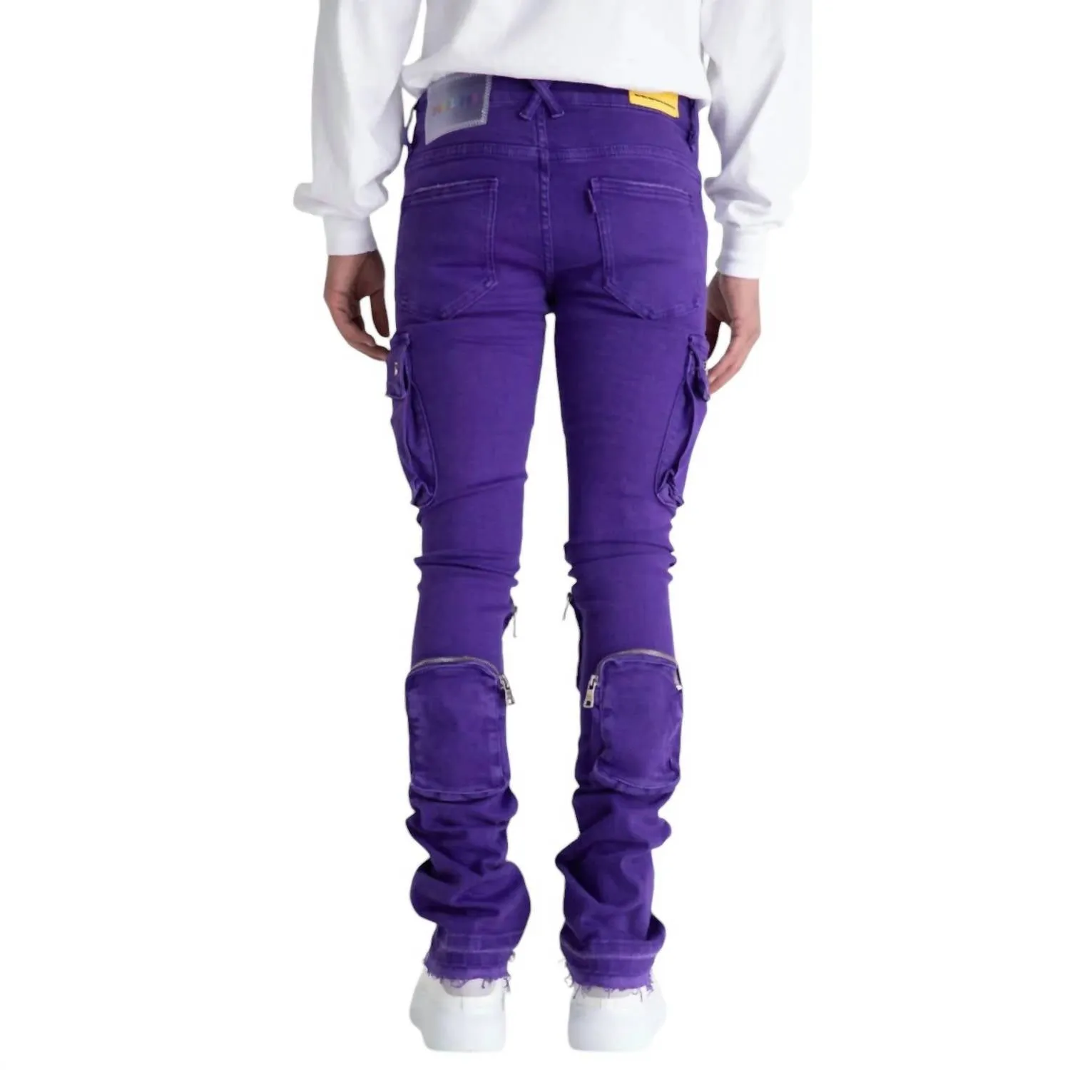 Men's Never Look Back Cargo Flare Stack Denim Jean In Purple