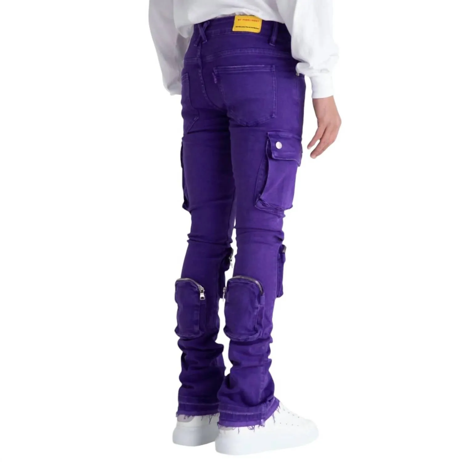 Men's Never Look Back Cargo Flare Stack Denim Jean In Purple