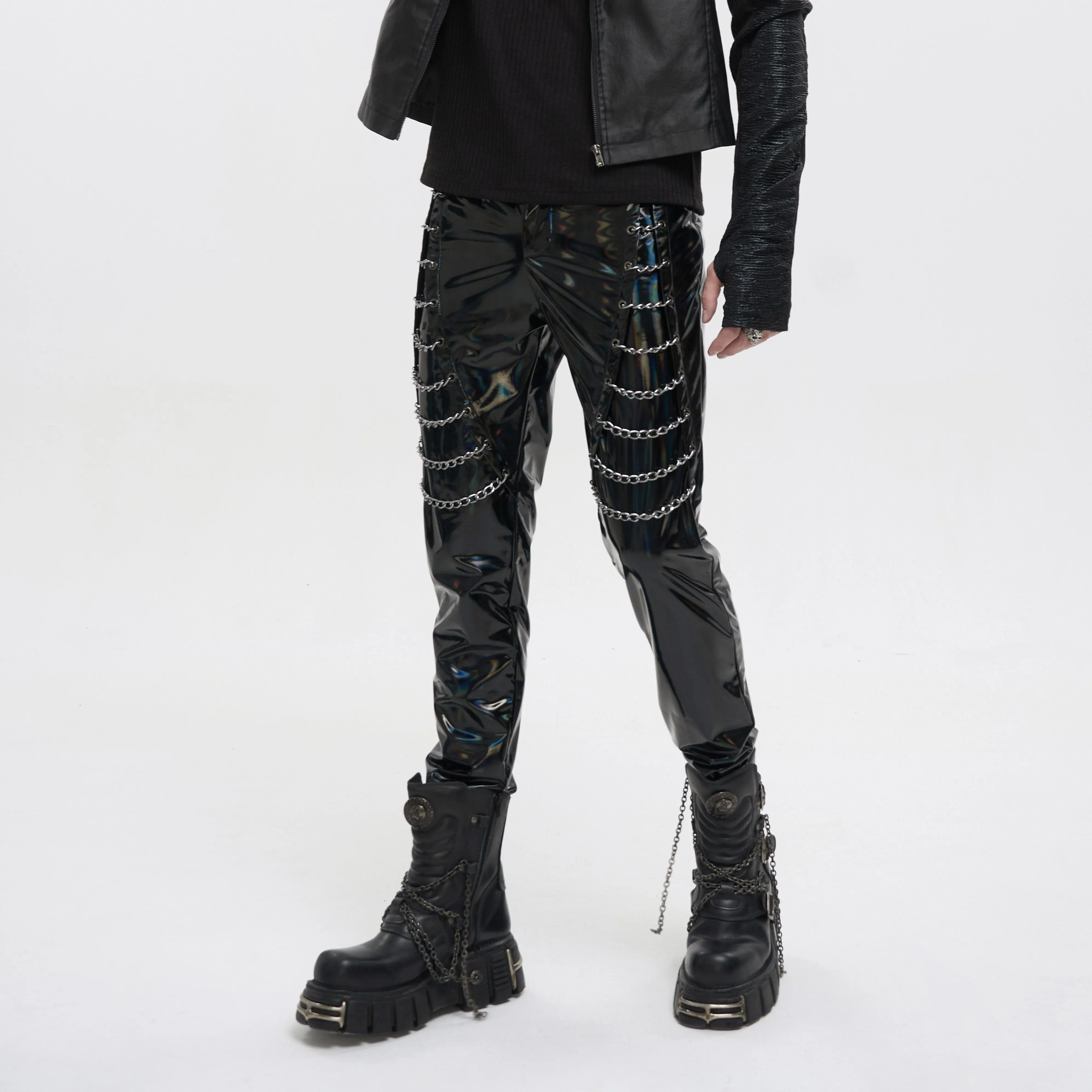 Men's Punk Patent Leather Chain Pants