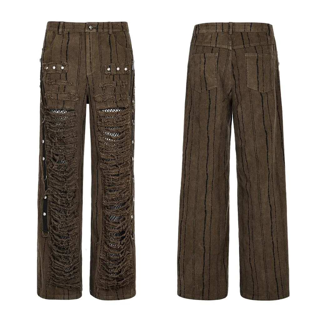 Men's Punk Stripes Ripped Straight Pants