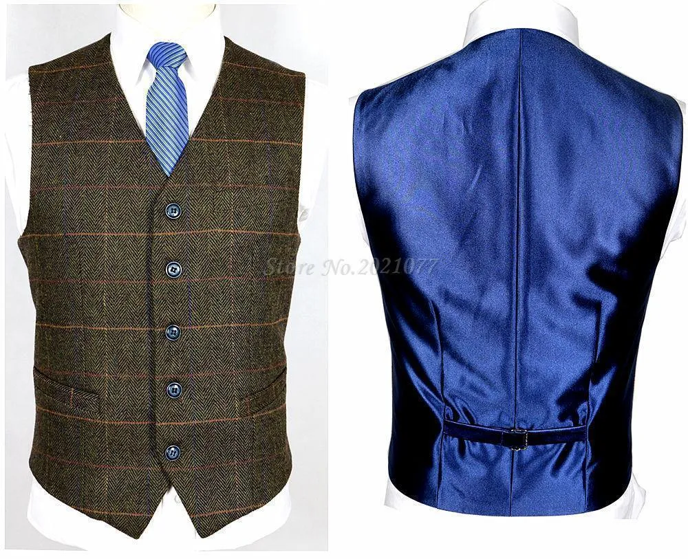 Men's Suit Slim Fit Tweed Suits Wool Brown