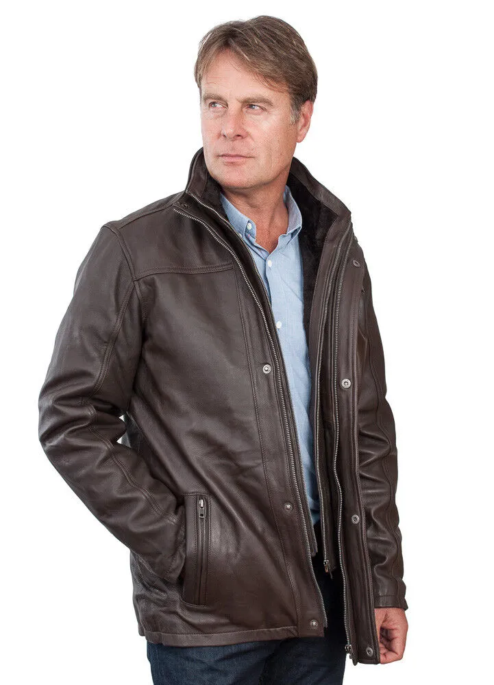 Mens  Warm Mid-Length Leather Biker Jacket