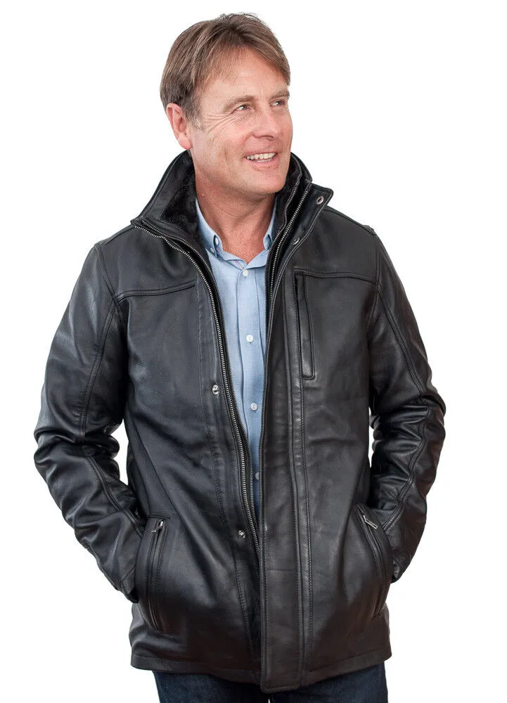 Mens  Warm Mid-Length Leather Biker Jacket