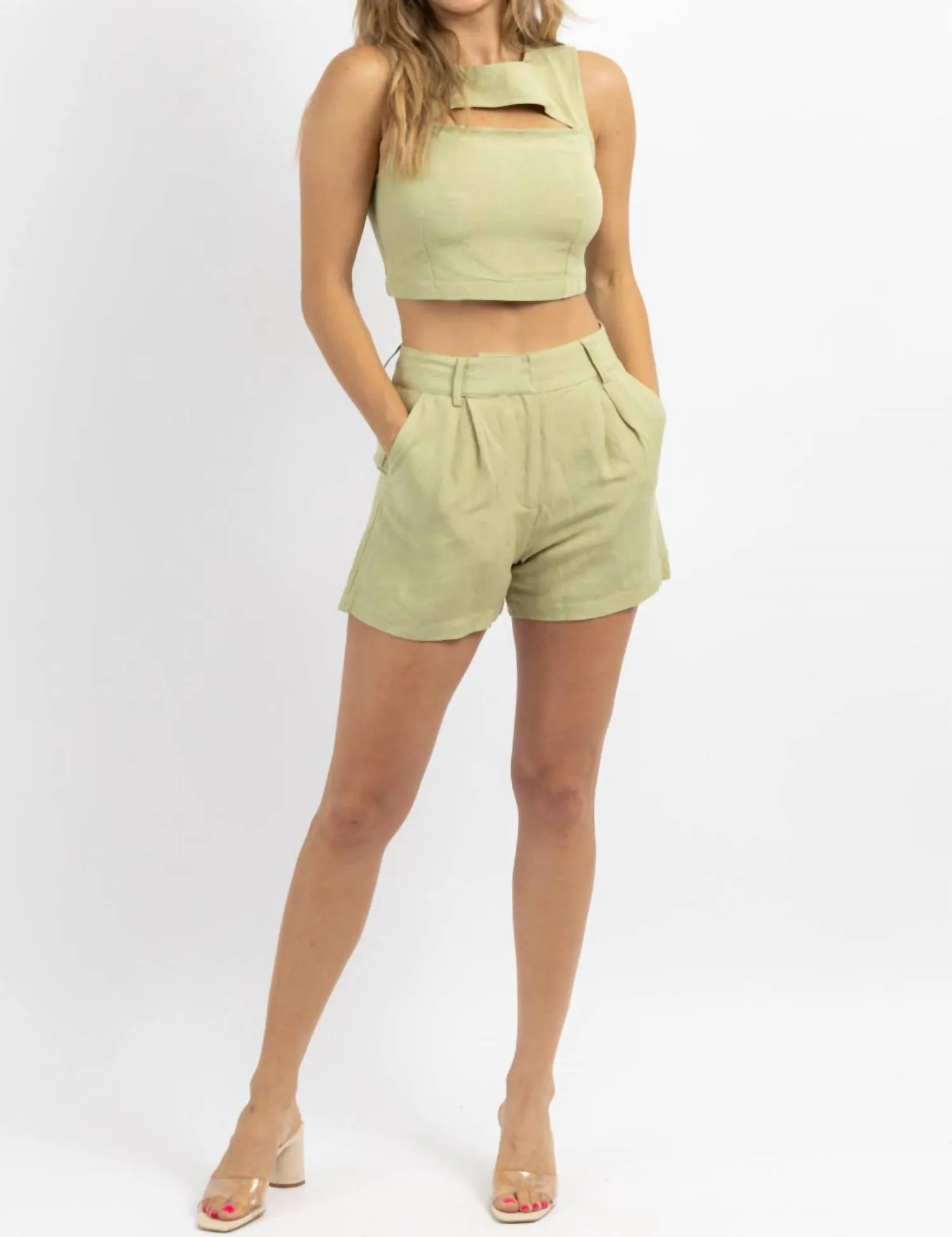 Milly Linen Short Set In Sage