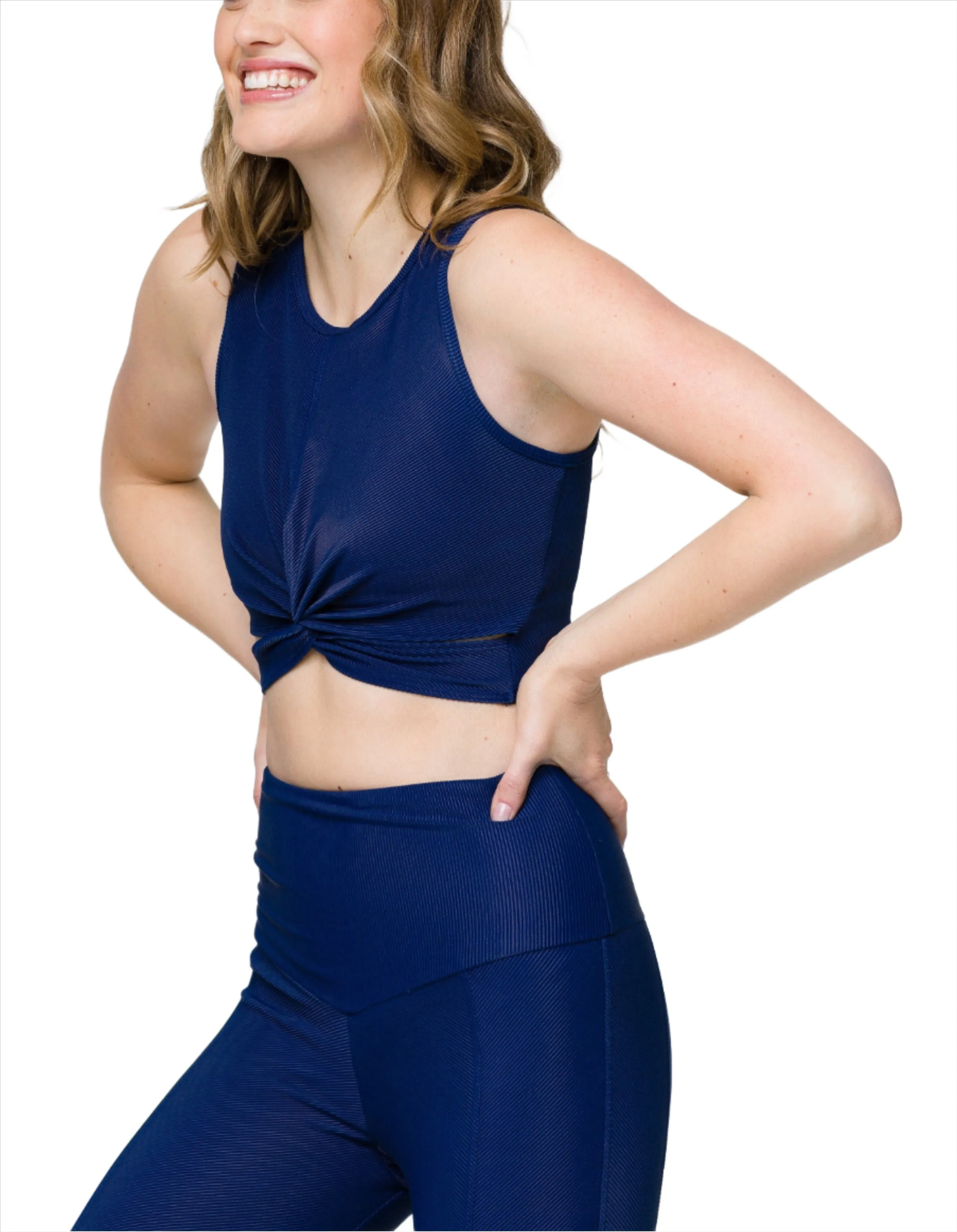 Onzie Front Twist Cropped Top 3726 Marine and Cantaloupe