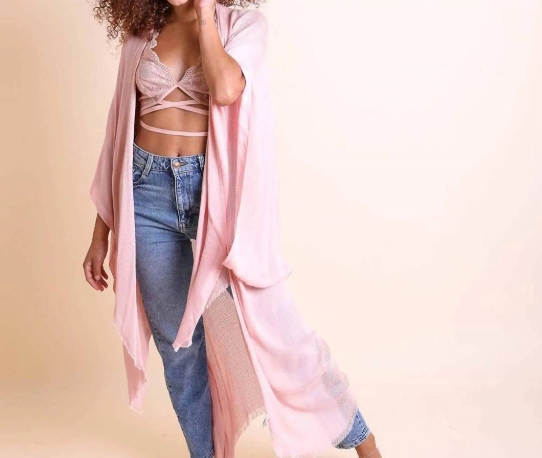 Open Weave Drape Kimono In Blush