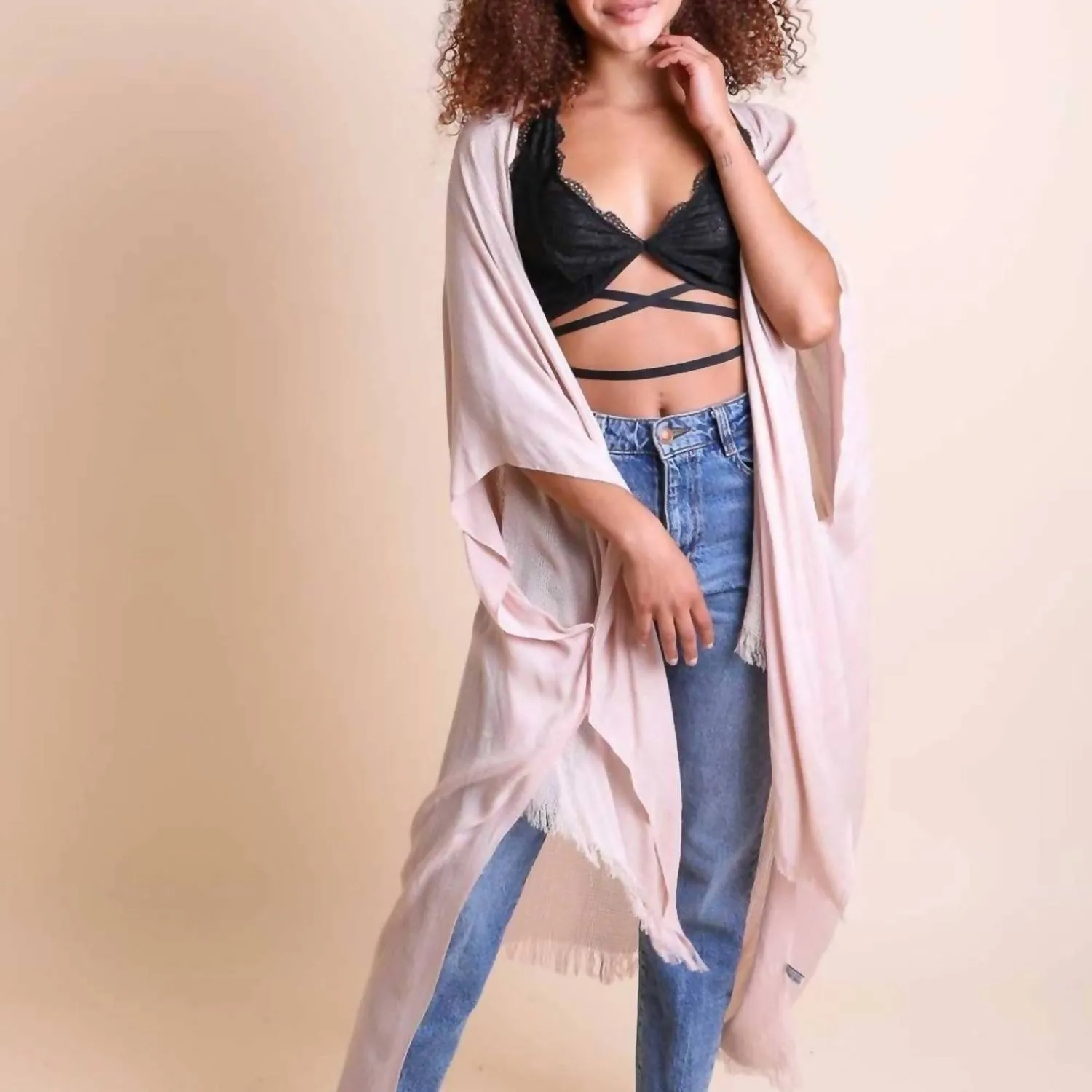 Open Weave Drape Kimono In Blush