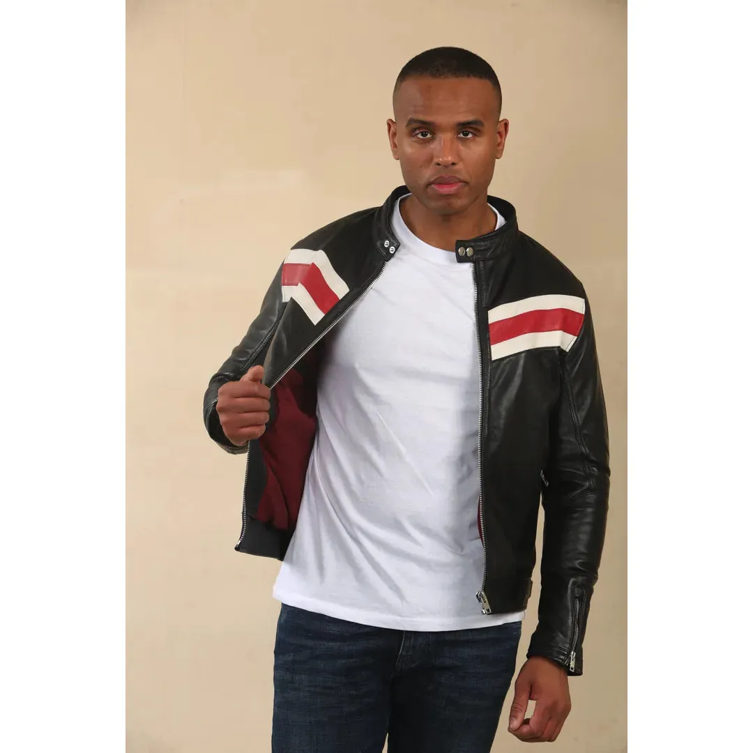 Racer Striped Biker Leather Jacket