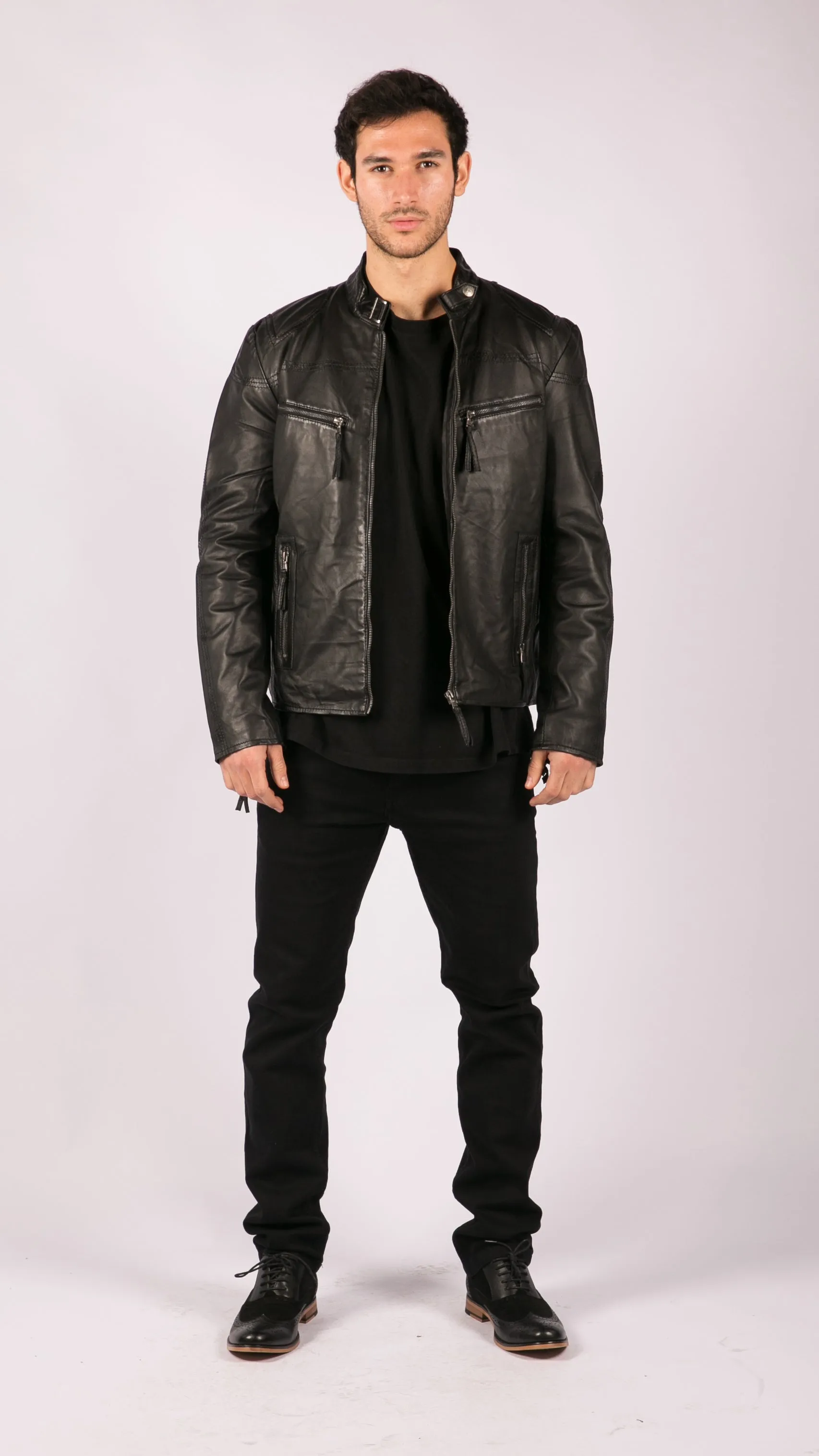 Real Leather Biker Jacket Zipped Pockets