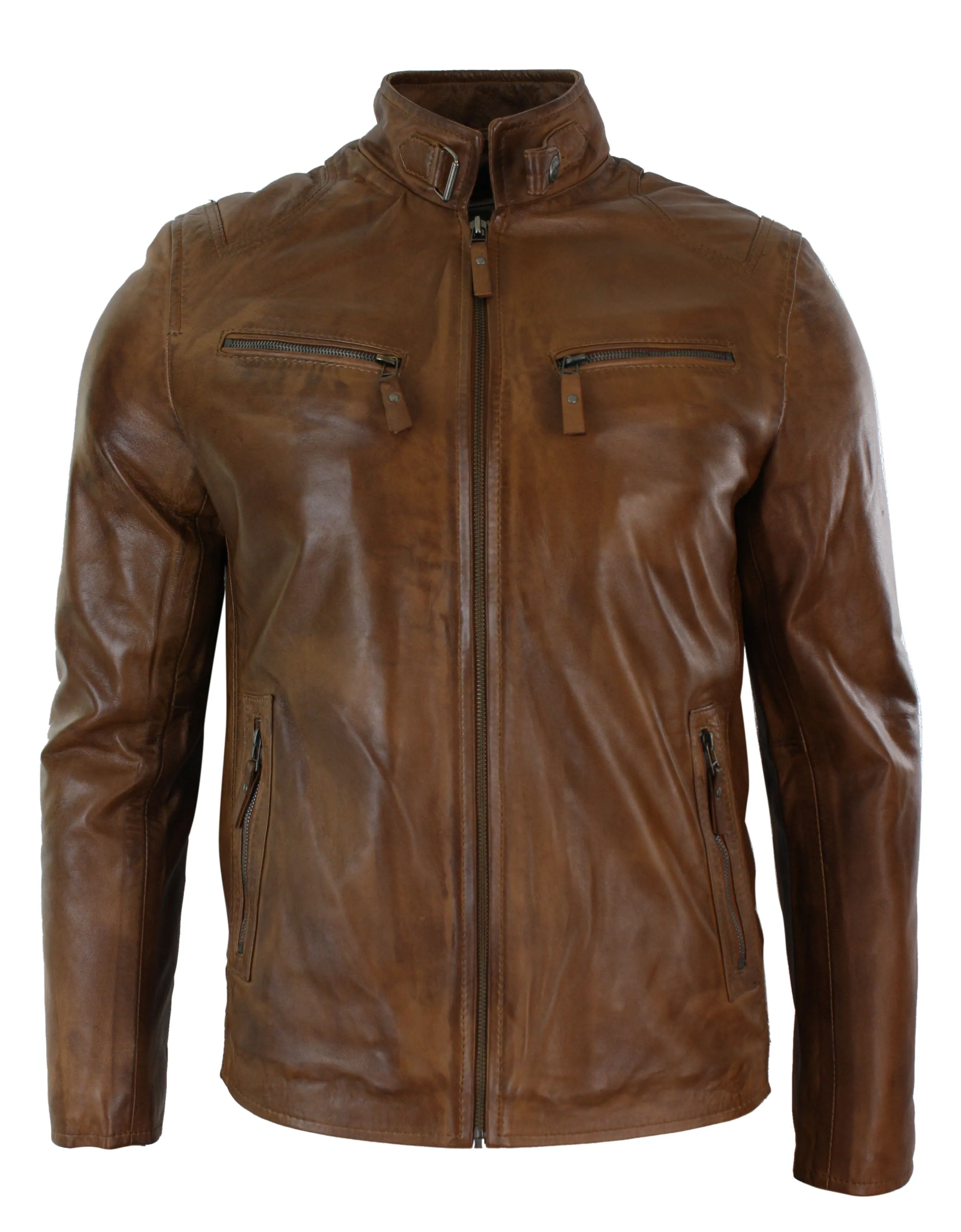 Real Leather Biker Jacket Zipped Pockets