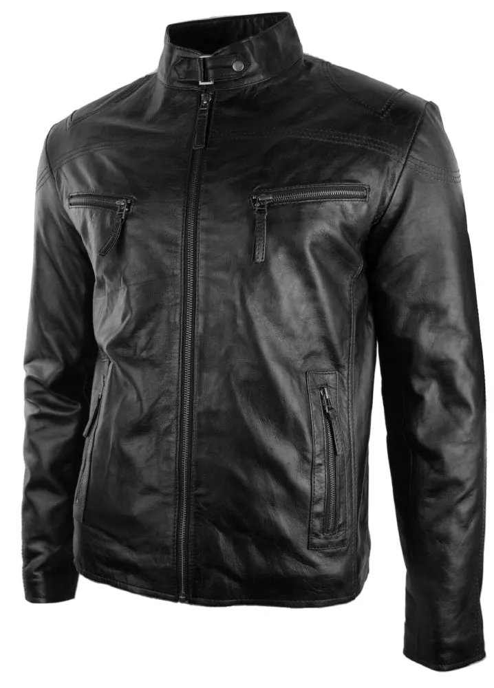 Real Leather Biker Jacket Zipped Pockets