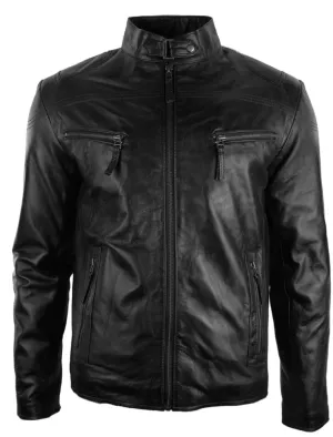 Real Leather Biker Jacket Zipped Pockets