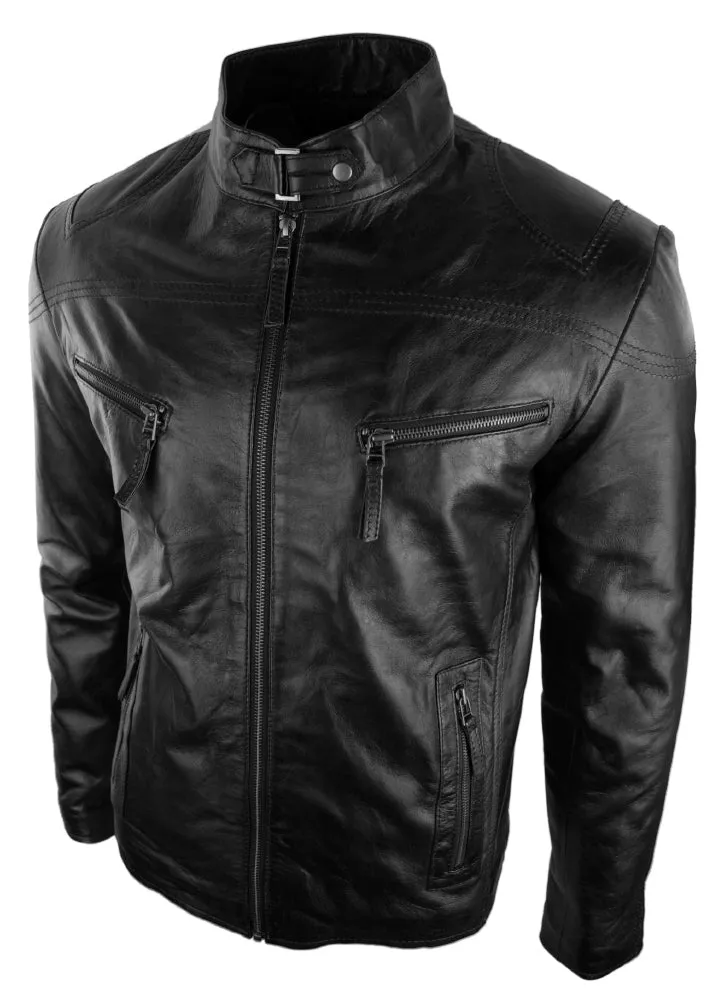 Real Leather Biker Jacket Zipped Pockets