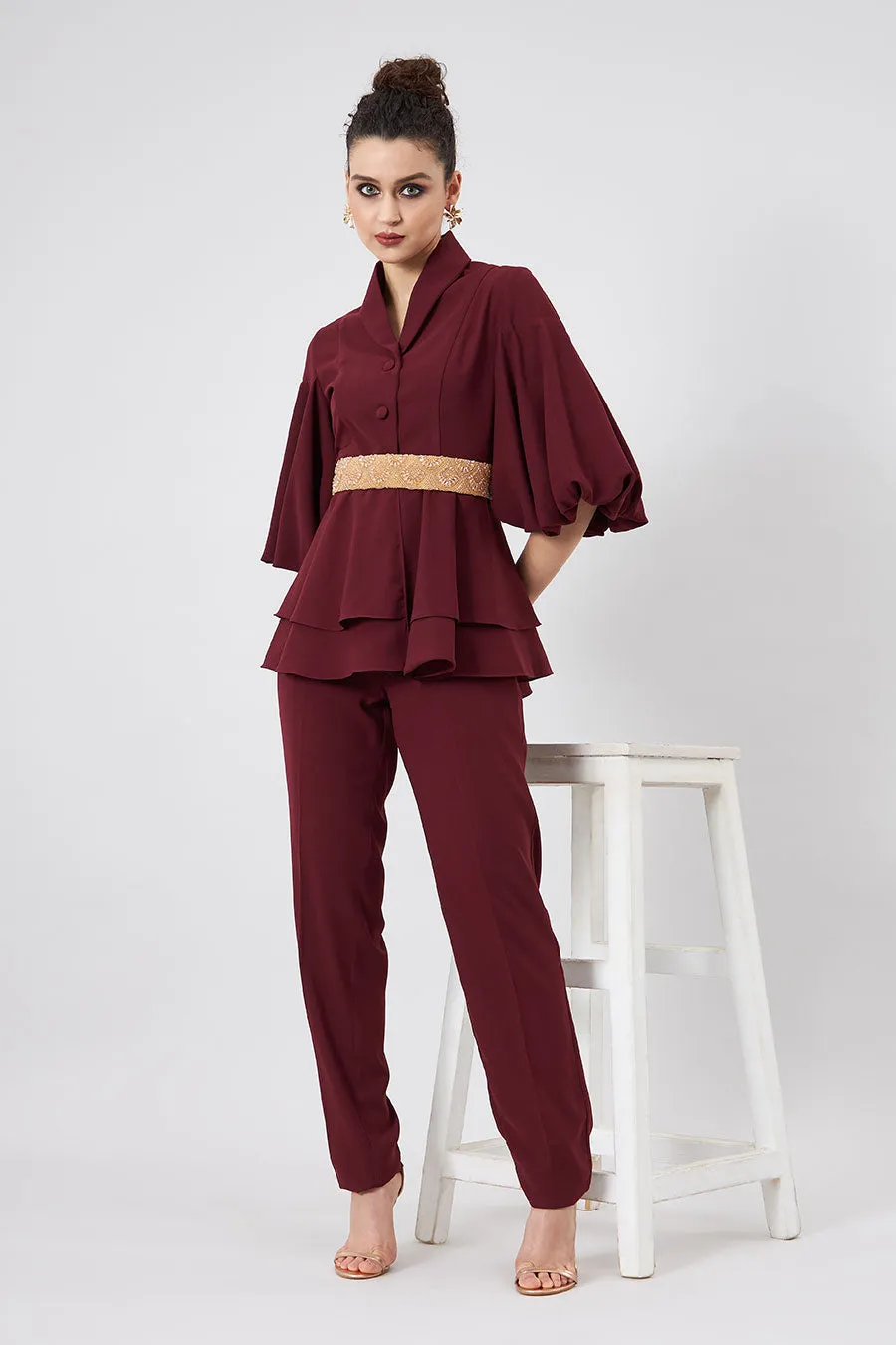 Ruby Red Co-Ord Set With Embellished Belt