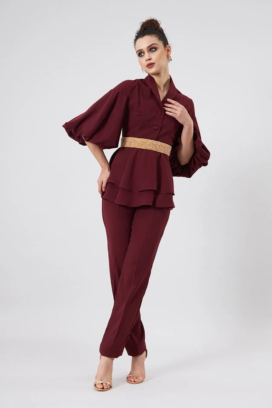 Ruby Red Co-Ord Set With Embellished Belt