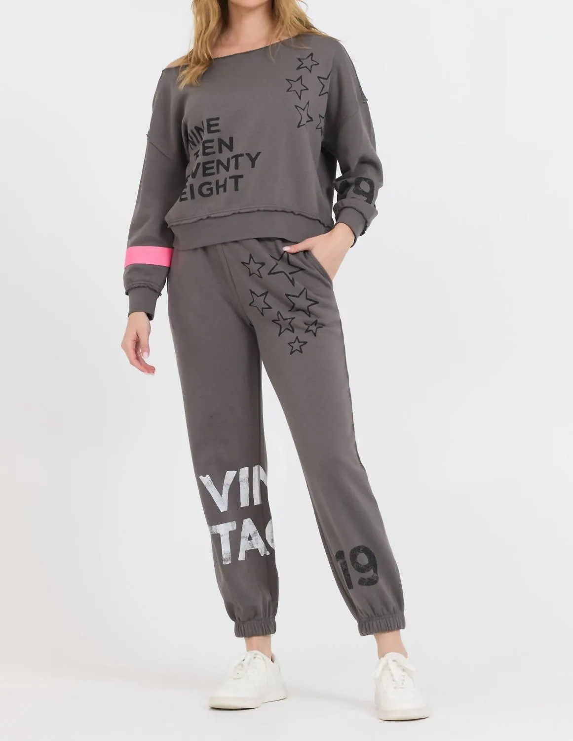 Star Off Shoulder Crew Sweater In Grey