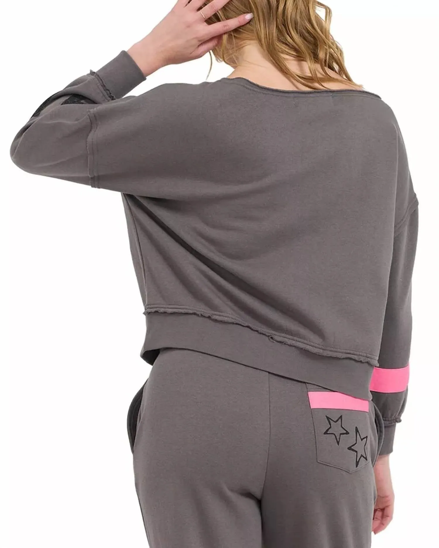 Star Off Shoulder Crew Sweater In Grey