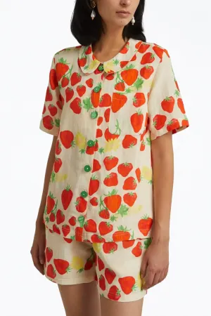 Strawberry-Print Linen-Blend Shirt In Beige