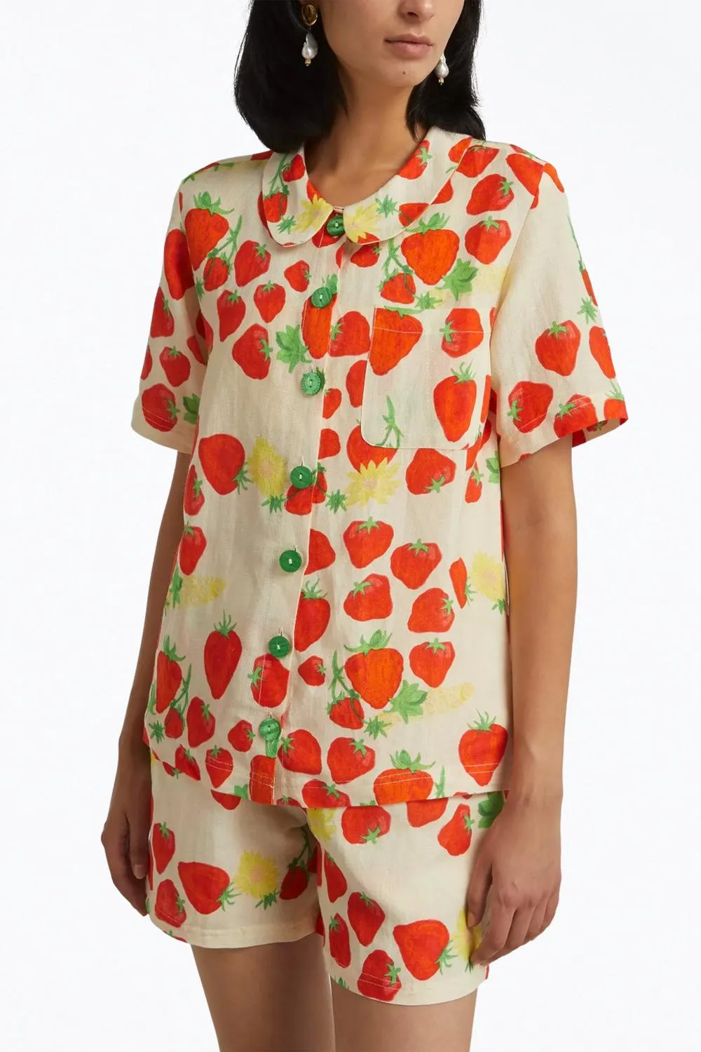 Strawberry-Print Linen-Blend Shirt In Beige