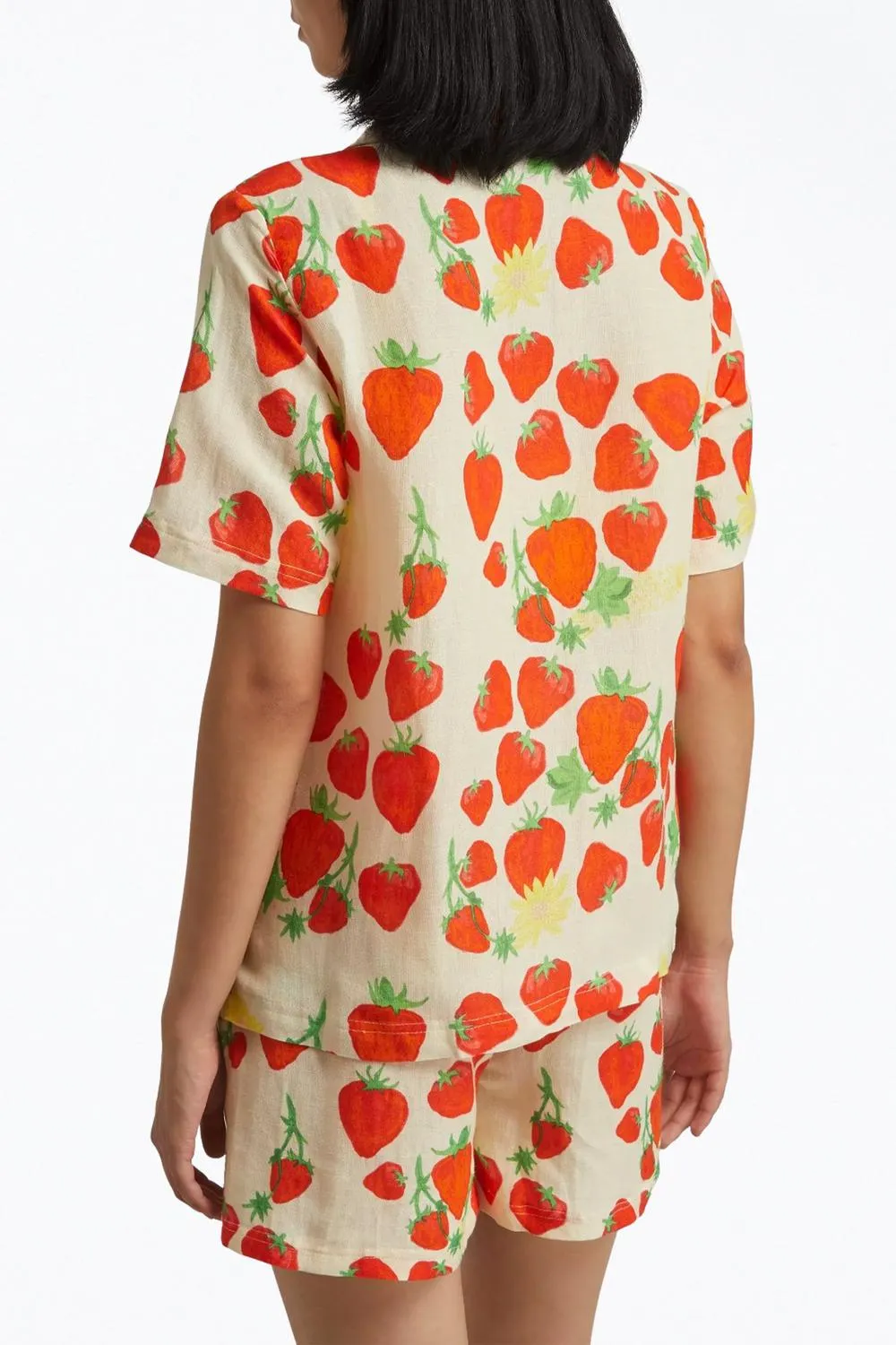 Strawberry-Print Linen-Blend Shirt In Beige