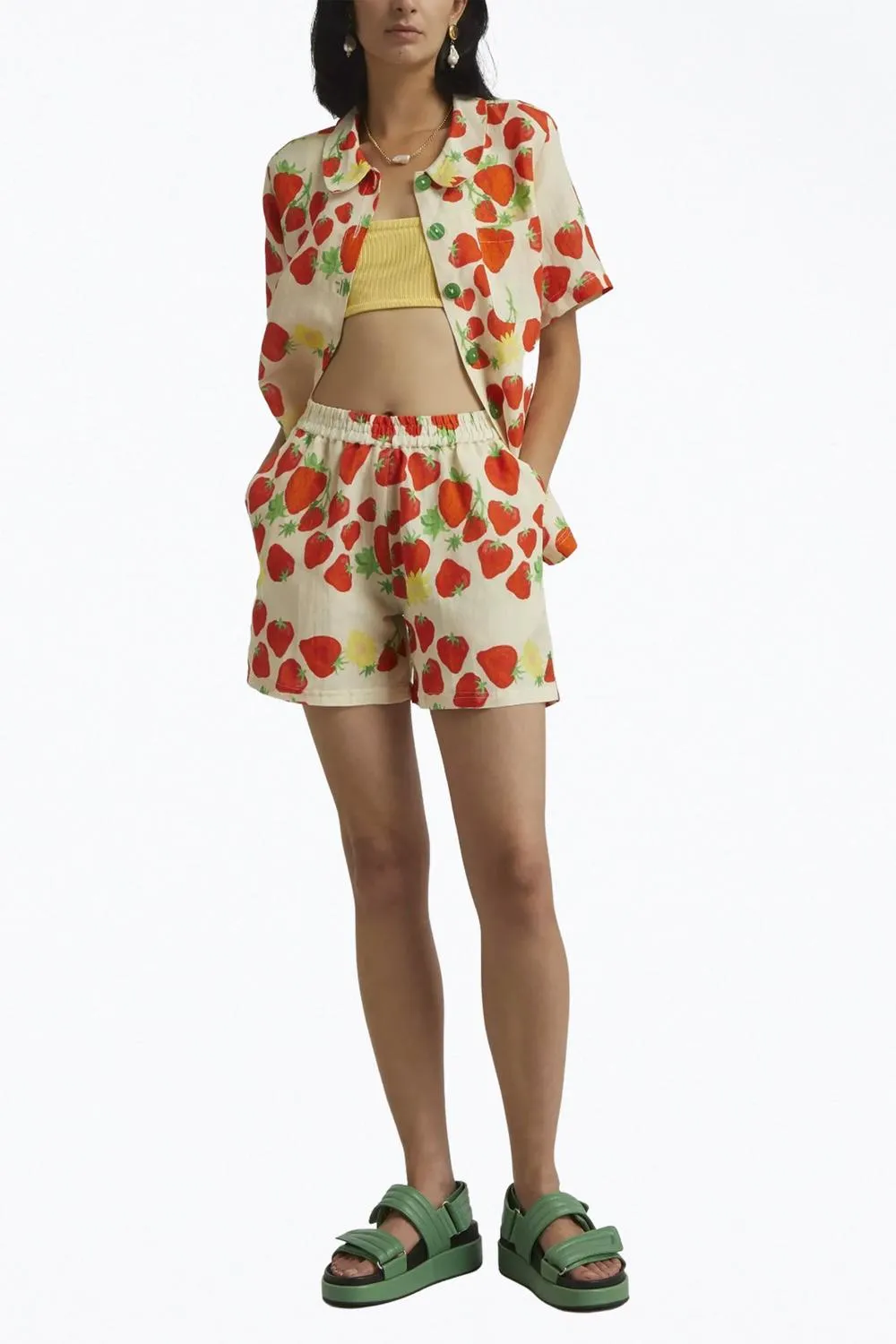 Strawberry-Print Linen-Blend Shirt In Beige