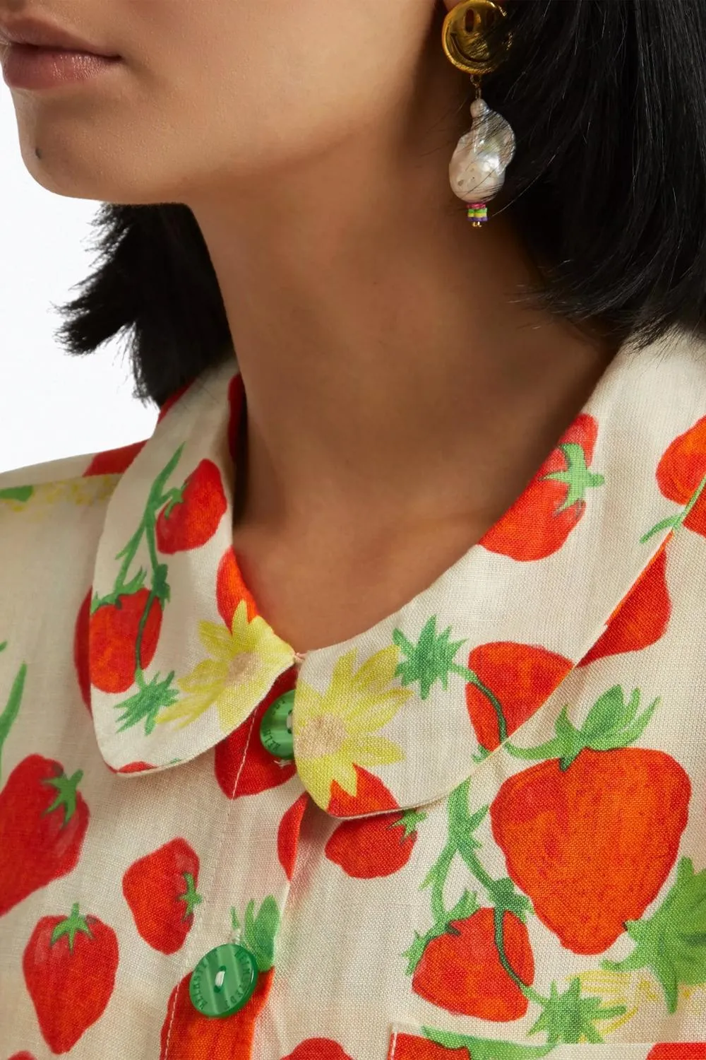 Strawberry-Print Linen-Blend Shirt In Beige