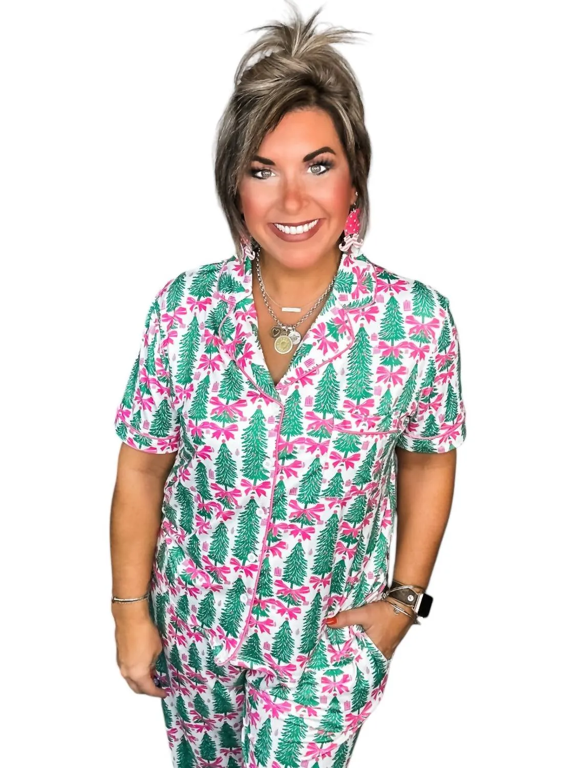 Tis The Season Luxe Pajama Set In Green/pink/white