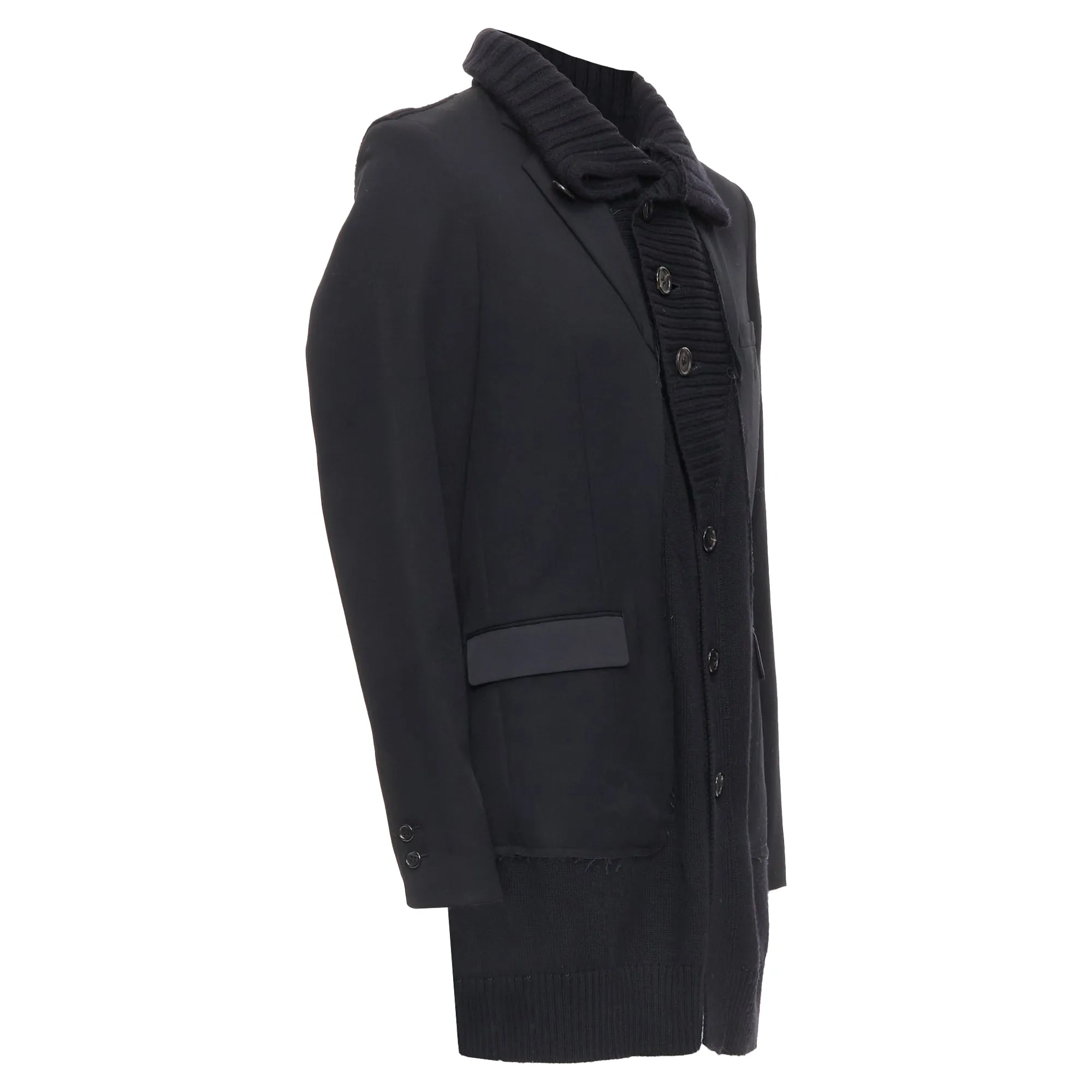 Undercover black wool alpaca rib trim layered long coat