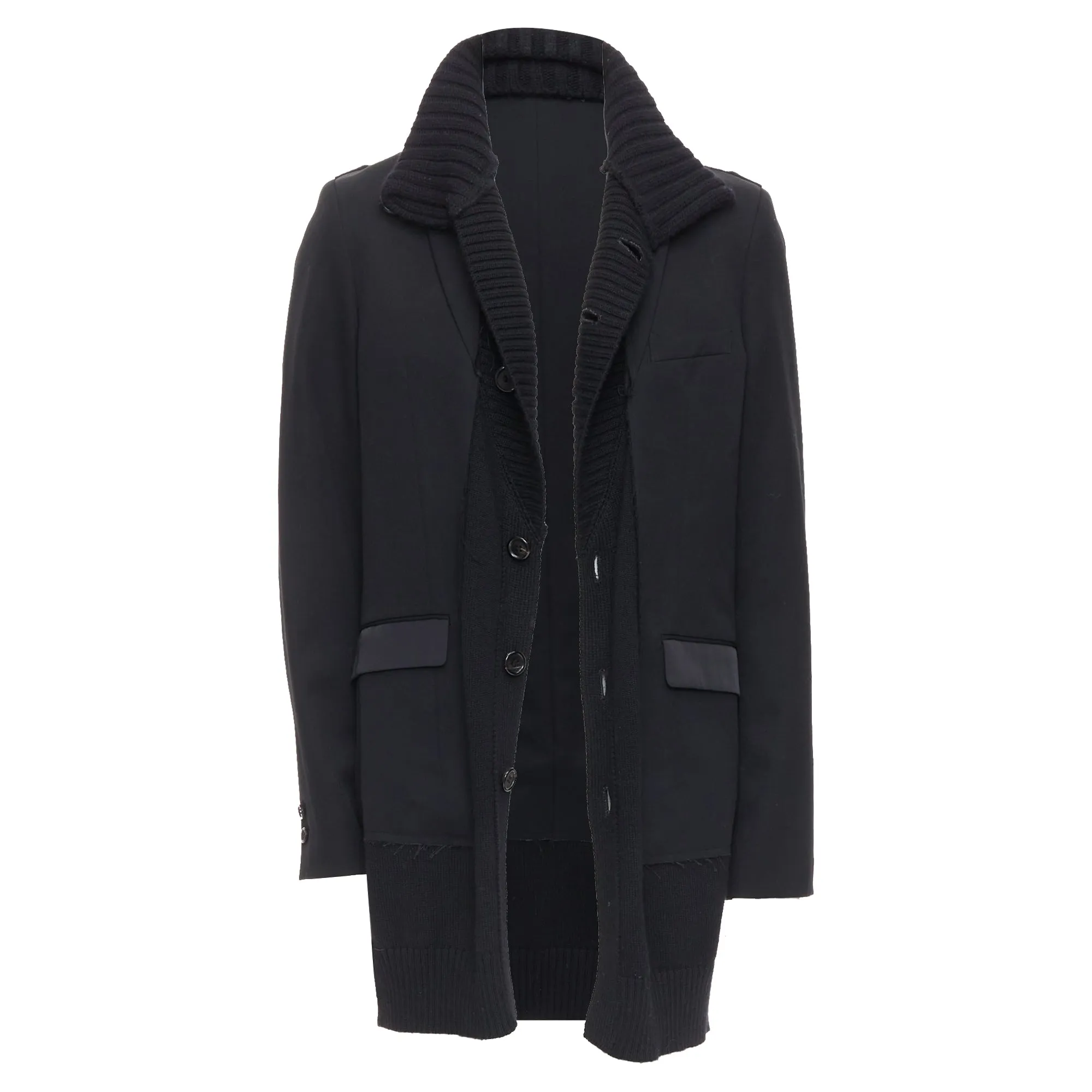 Undercover black wool alpaca rib trim layered long coat