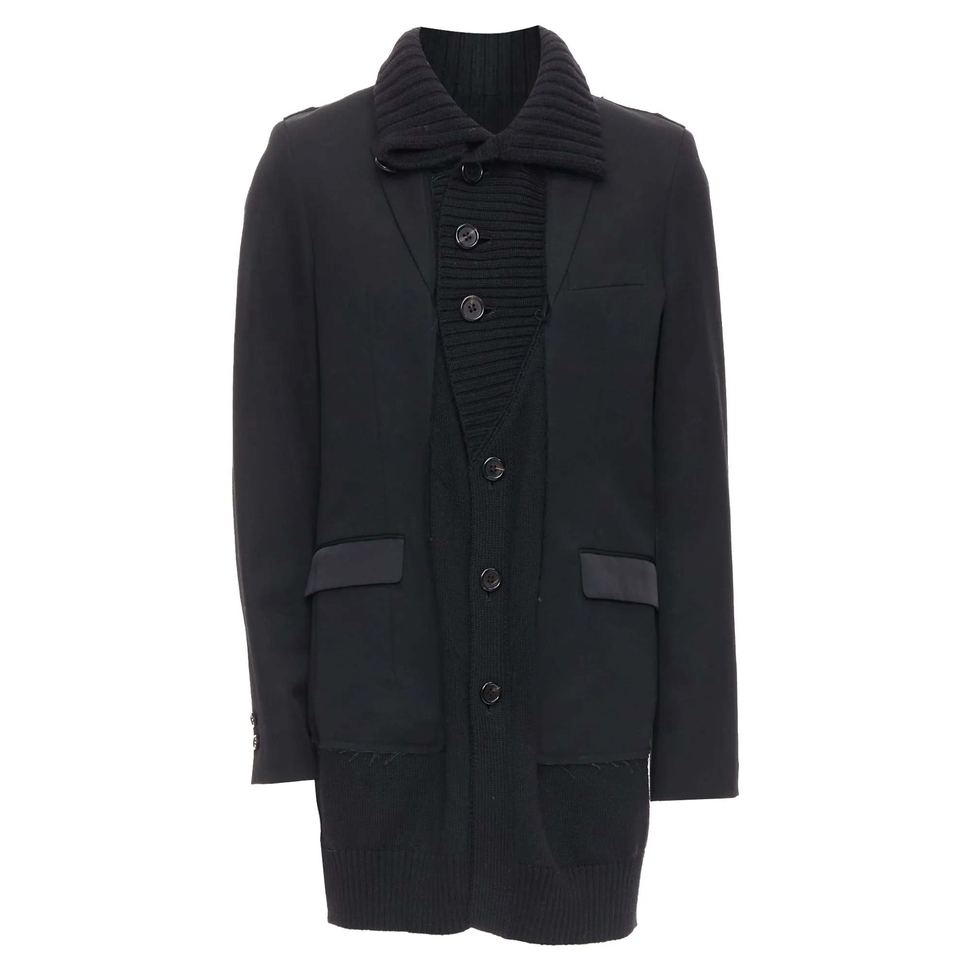 Undercover black wool alpaca rib trim layered long coat